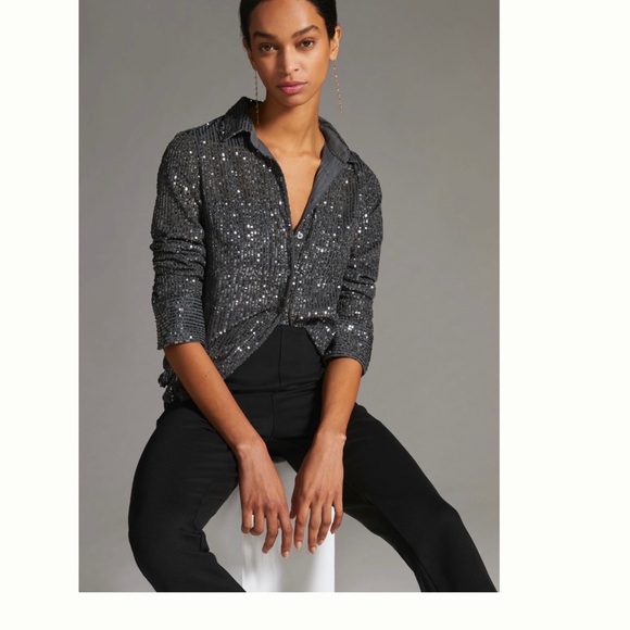NWT Anthropologie Sequin Buttondown Long Sleeve Shirt in Slate size M - Picture 11 of 17